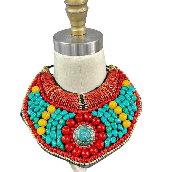 Tibetan Turquoise / Coral Beaded Neck Plate Bib  Necklace + Earrings - Picture 8 of 10